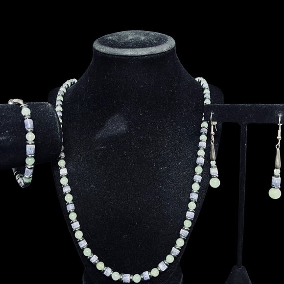 Unbranded Jewelry - Semi Precious Green & Blue Bead Necklace, Bracelet & Pierced Earrings Set (4939)